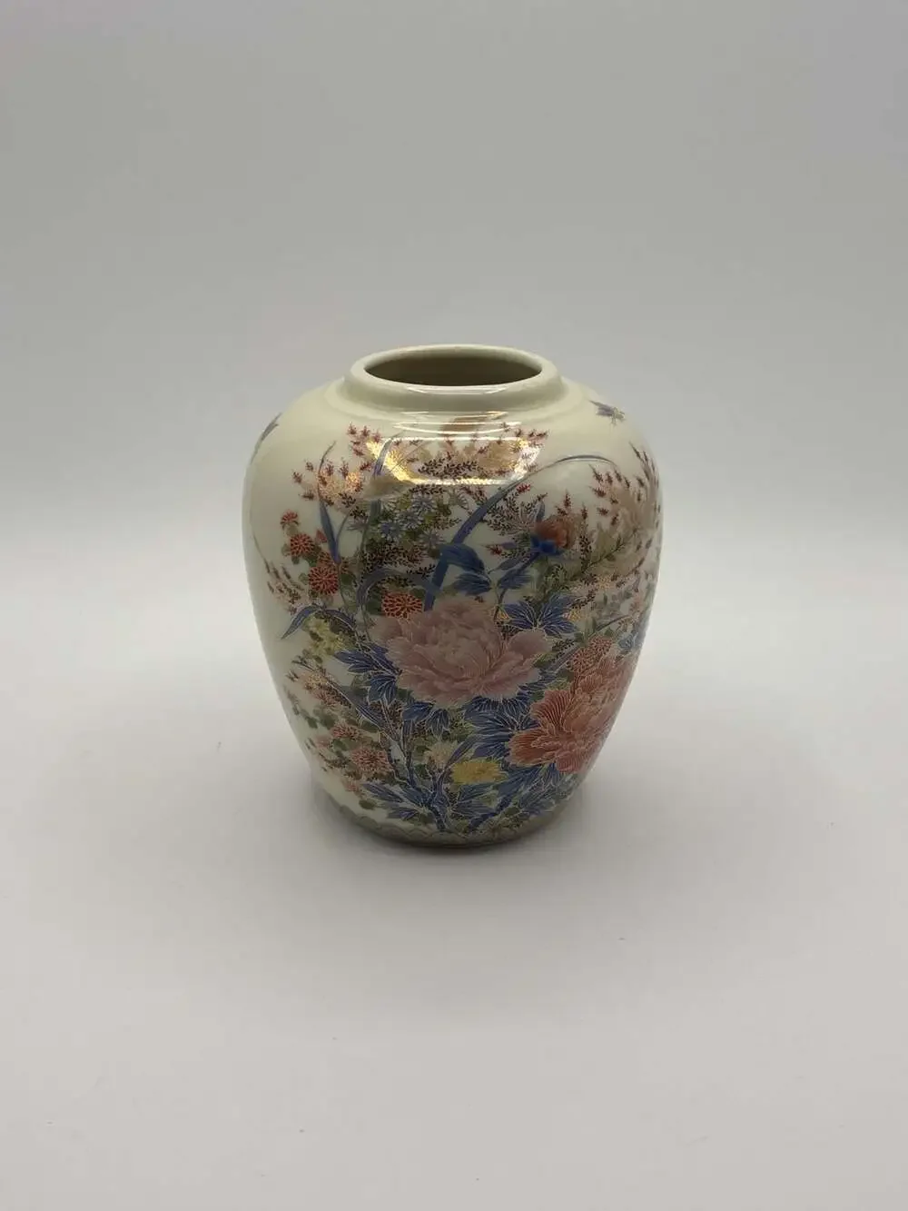 Vintage Shibata Japanese Porcelain Floral Ginger Jar Vase, Gold Accents